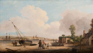 Gravesend látképe egy megfeneklett halászhajóval és hajókkal a torkolatban, 1770